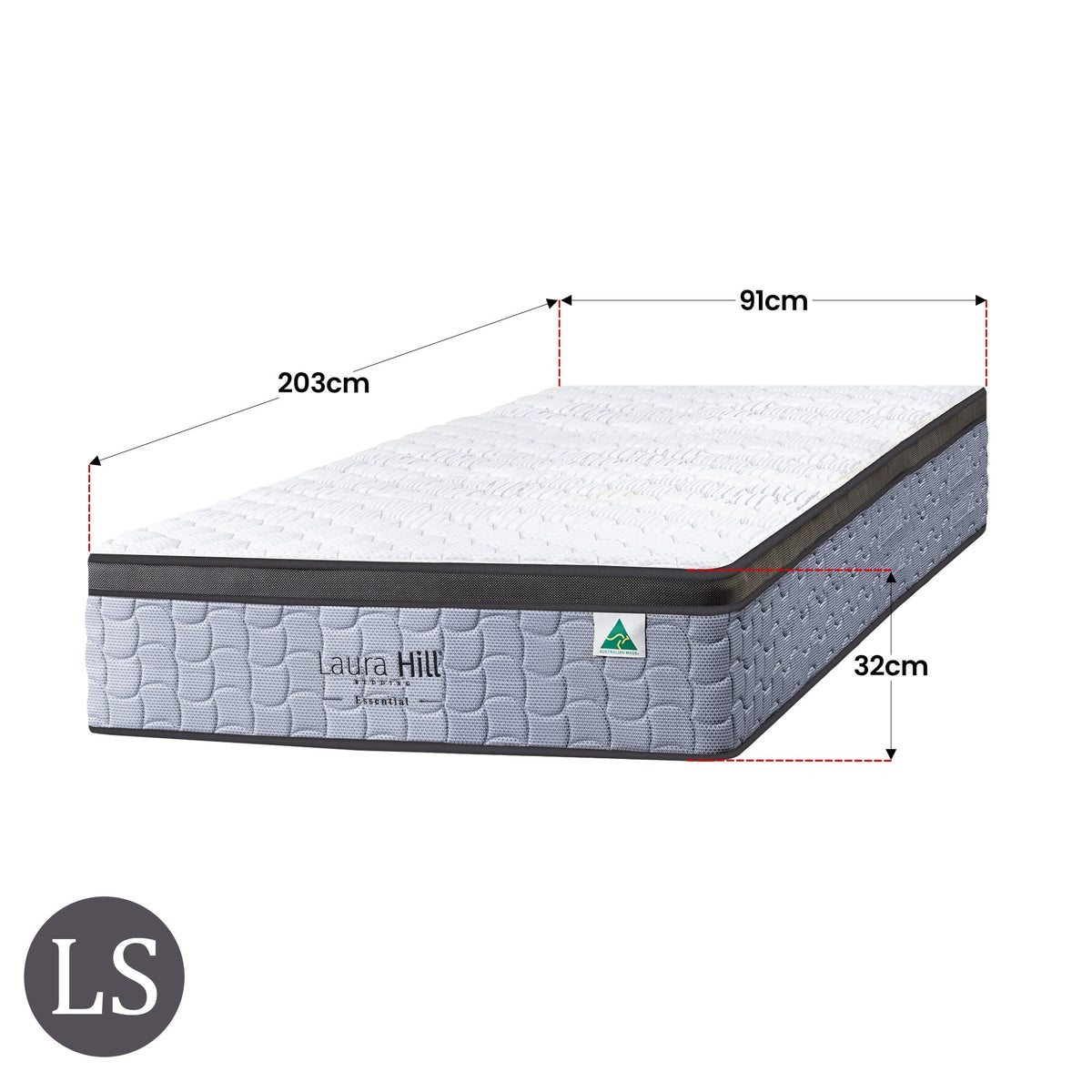 Laura Hill Essential Long Single Mattress Australian Made 5-Zone Pocket Spring High-Density Foam Bed