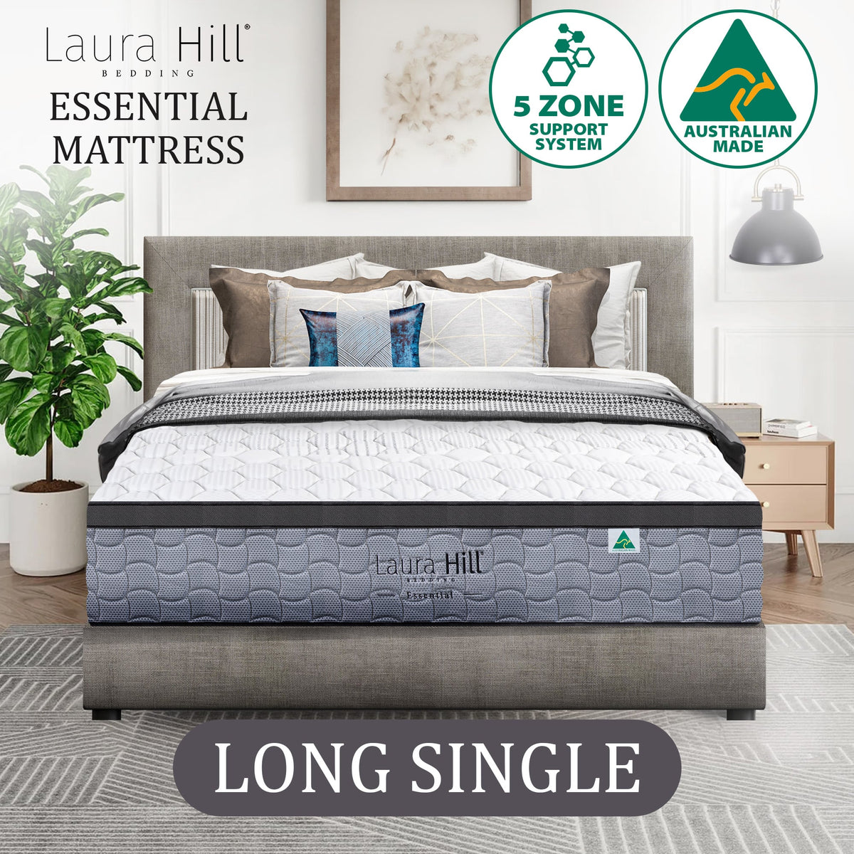 Laura Hill Essential Long Single Mattress Australian Made 5-Zone Pocket Spring High-Density Foam Bed