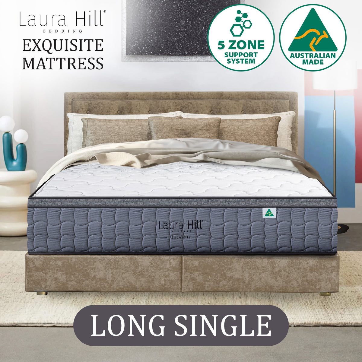 Laura Hill Exquisite Long Single Mattress Australian Made 5-Zone Pocket Spring Medium Firm Bed Edge Support