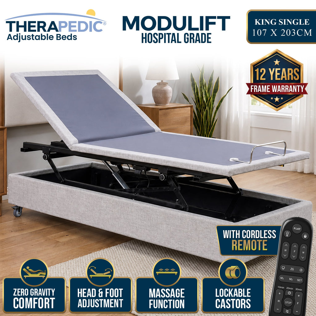 Therapedic Modulift King Single Hospital Grade Electric Adjustable Bed Base - Massage, Zero Gravity, Wireless Remote