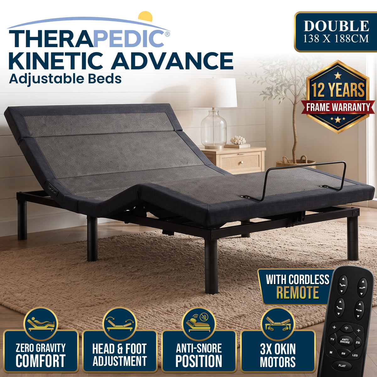 Therapedic Advance Double Adjustable Bed Frame Base with Head Tilt, Massage, USB & Wireless Remote