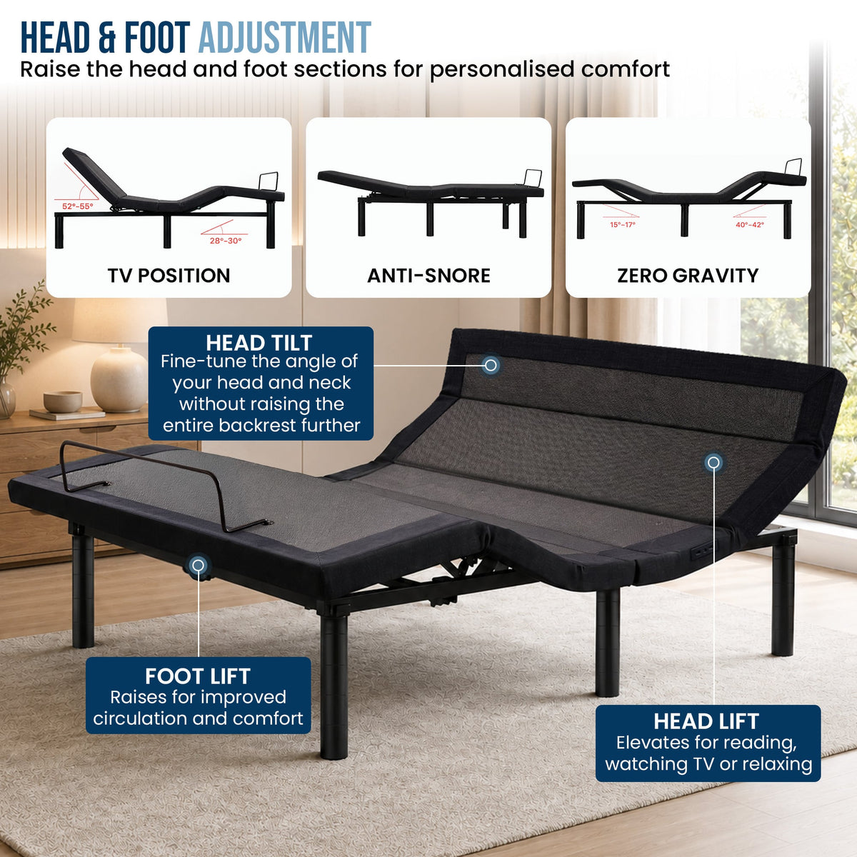 Therapedic Advance Double Adjustable Bed Frame Base with Head Tilt, Massage, USB & Wireless Remote