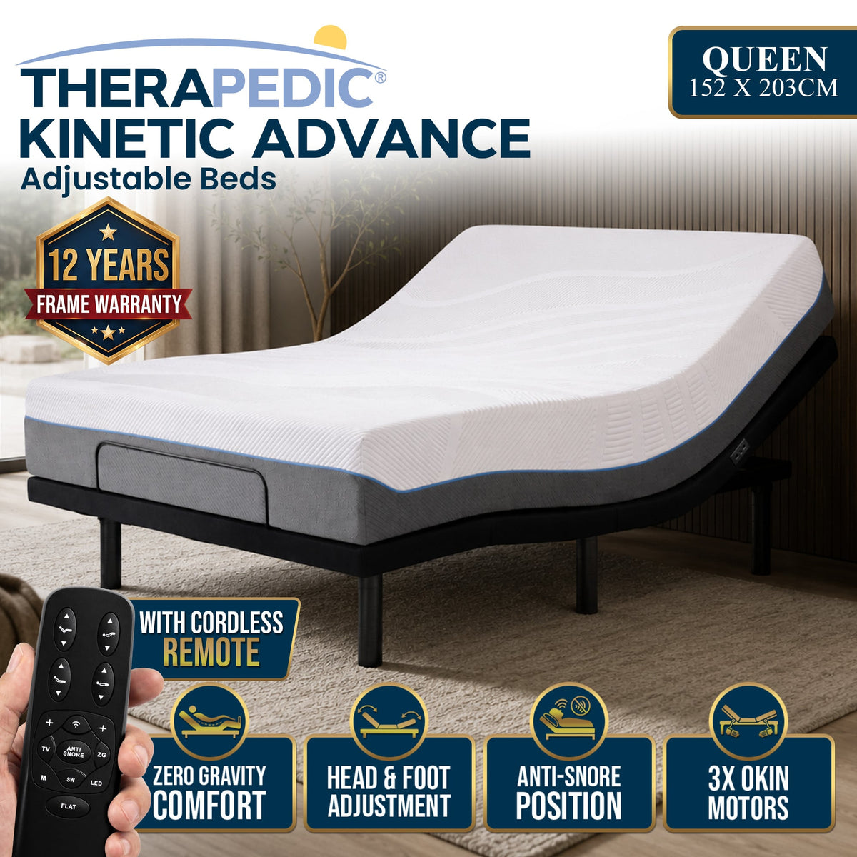 Therapedic Advance Queen Adjustable Bed Frame Base with Head Tilt, Massage, USB & Wireless Remote