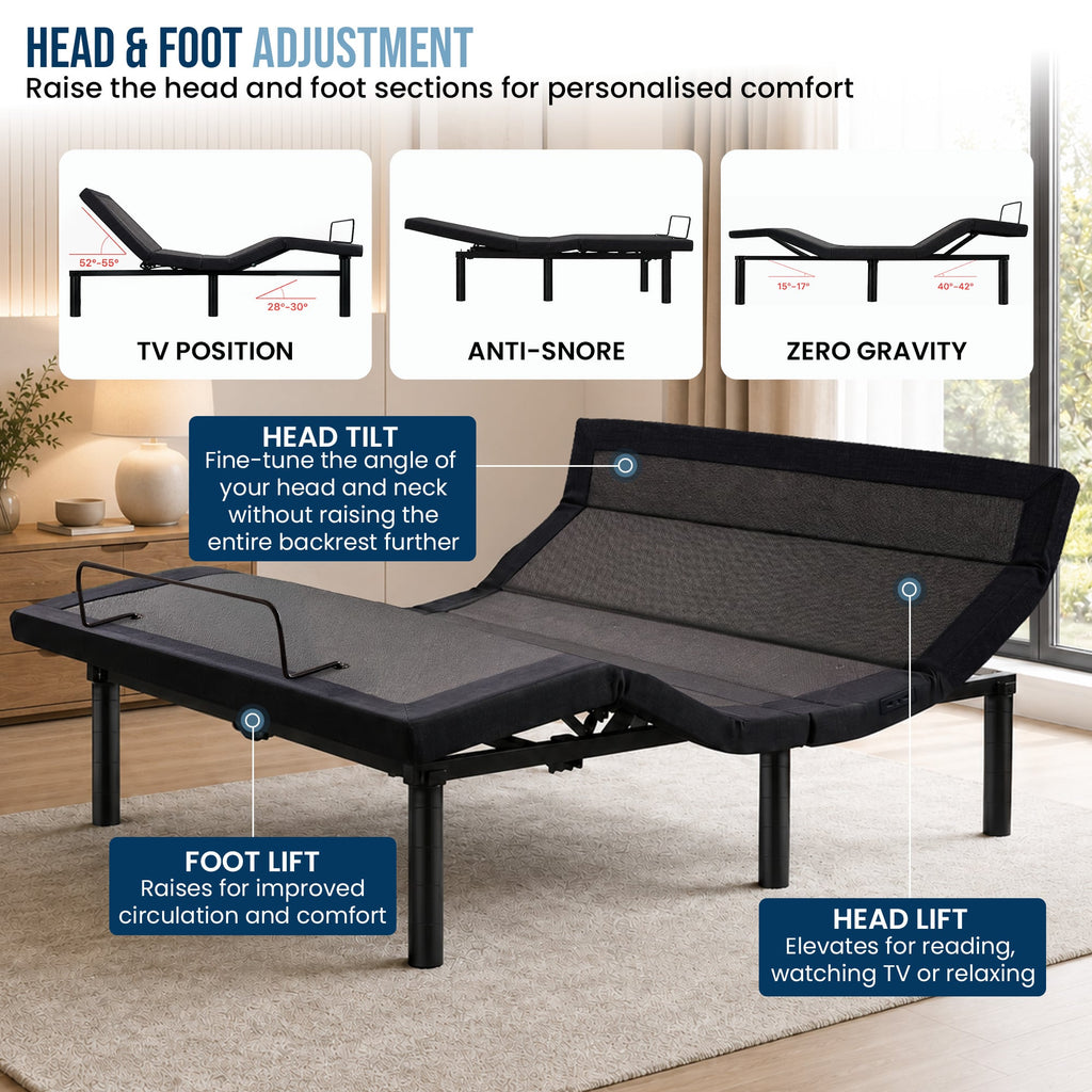 Therapedic Advance Queen Adjustable Bed Frame Base with Head Tilt, Massage, USB & Wireless Remote