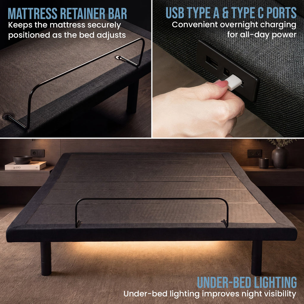 Therapedic Advance Queen Adjustable Bed Frame Base with Head Tilt, Massage, USB & Wireless Remote