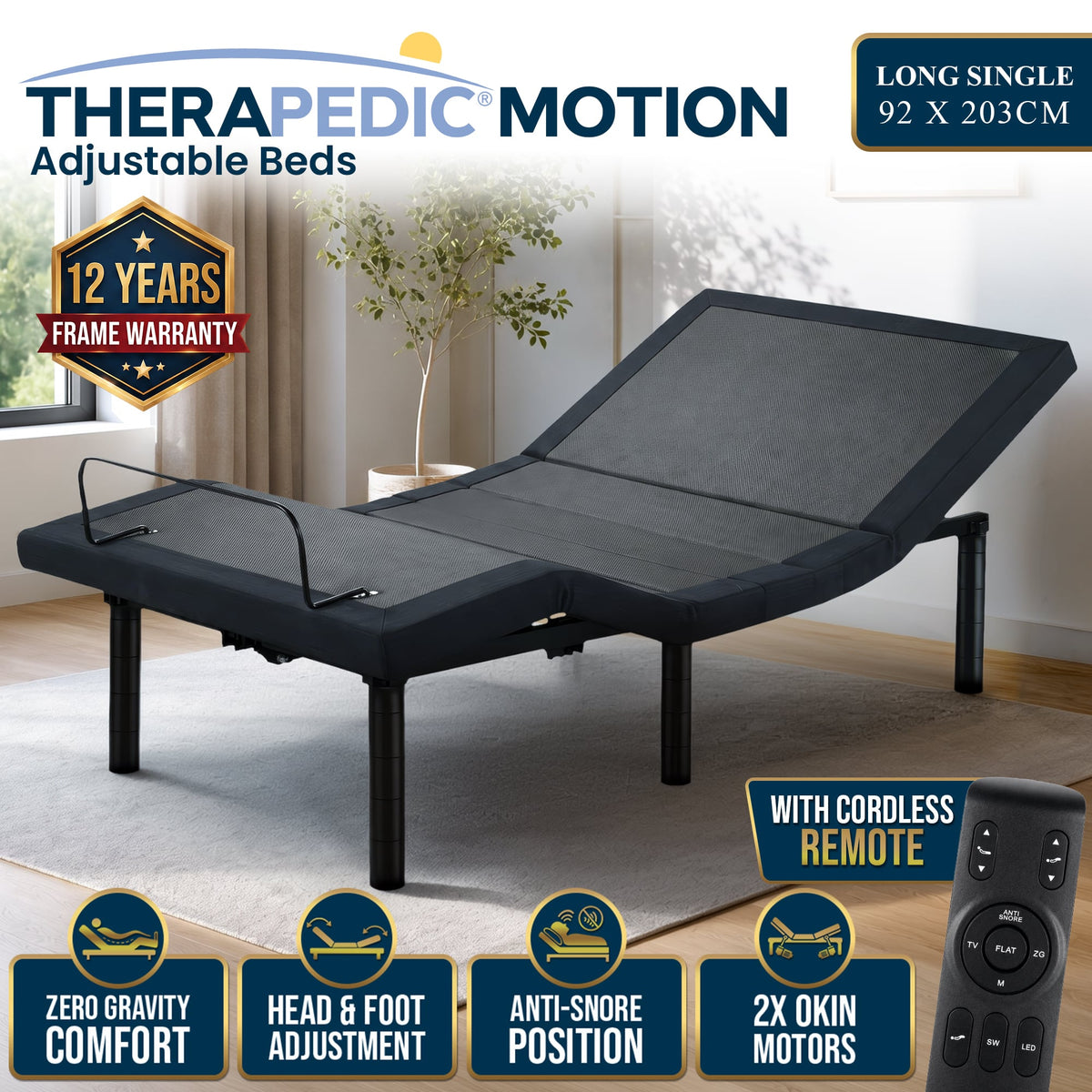 Therapedic Motion Long Single Adjustable Bed Base Electric Motorised Frame with Wireless Remote & Preset