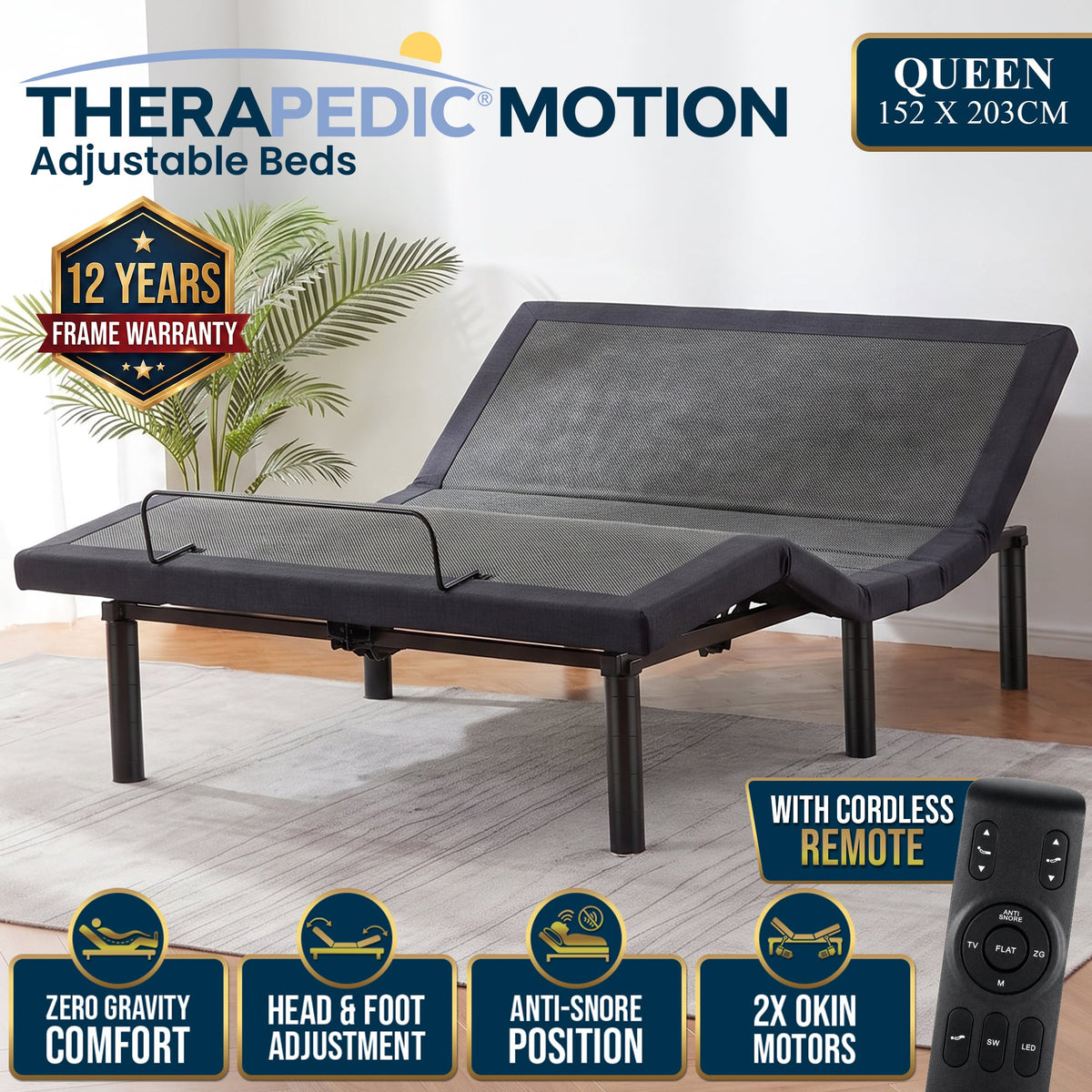 Therapedic Motion Queen Adjustable Bed Base Electric Motorised Frame with Wireless Remote & Preset