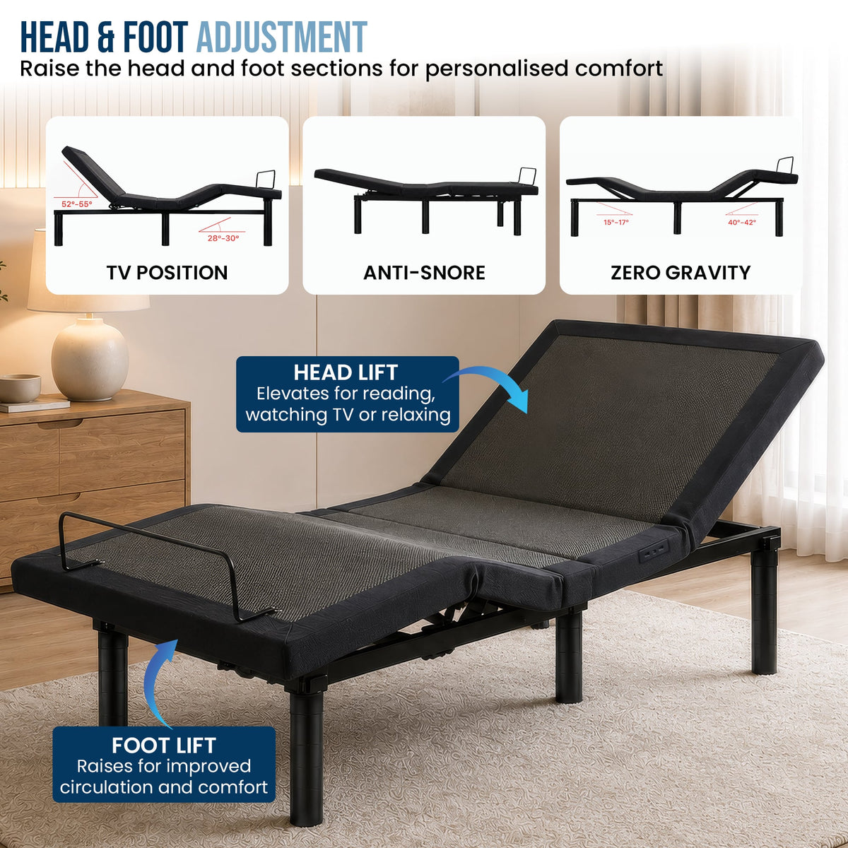 Therapedic Versa Electric King Single Adjustable Bed Base Frame with Massage Dual Motor Zero Gravity & Wireless Remote