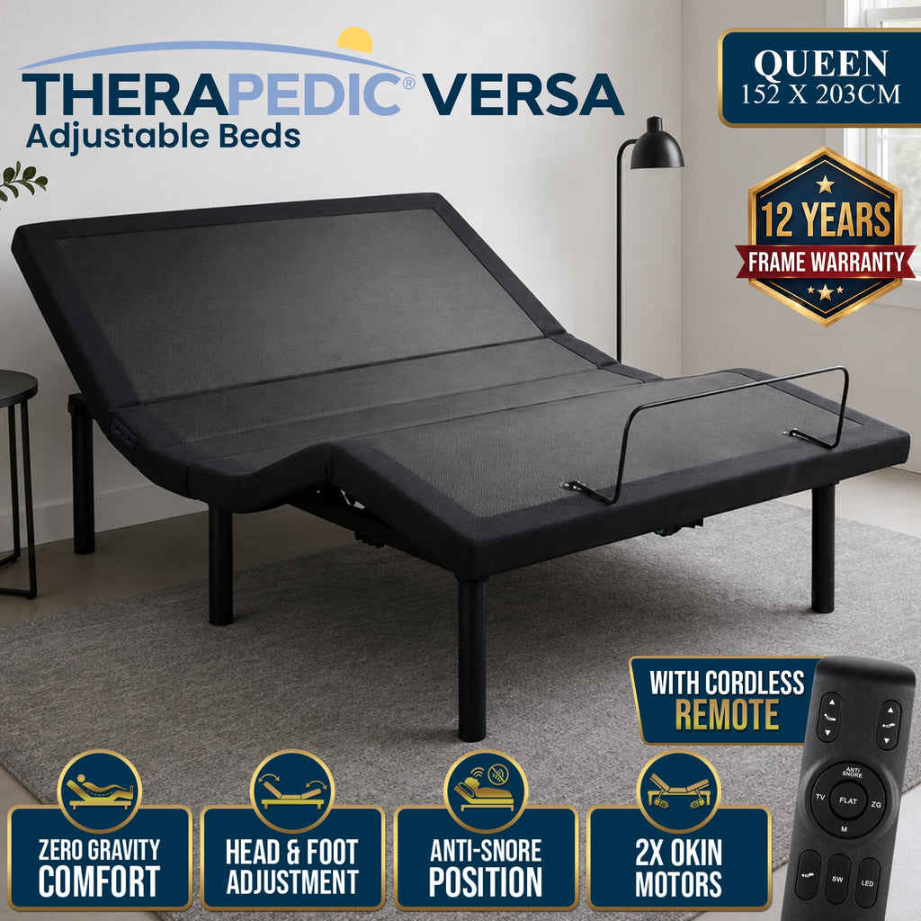 Therapedic Versa Electric Queen Adjustable Bed Base Frame with Massage Dual Motor Zero Gravity & Wireless Remote