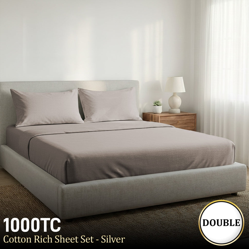 1000 Thread Count Cotton Rich Double Bed Sheet Set 4 Piece, Soft Feel Microfibre Blend, Solid Colour - Silver