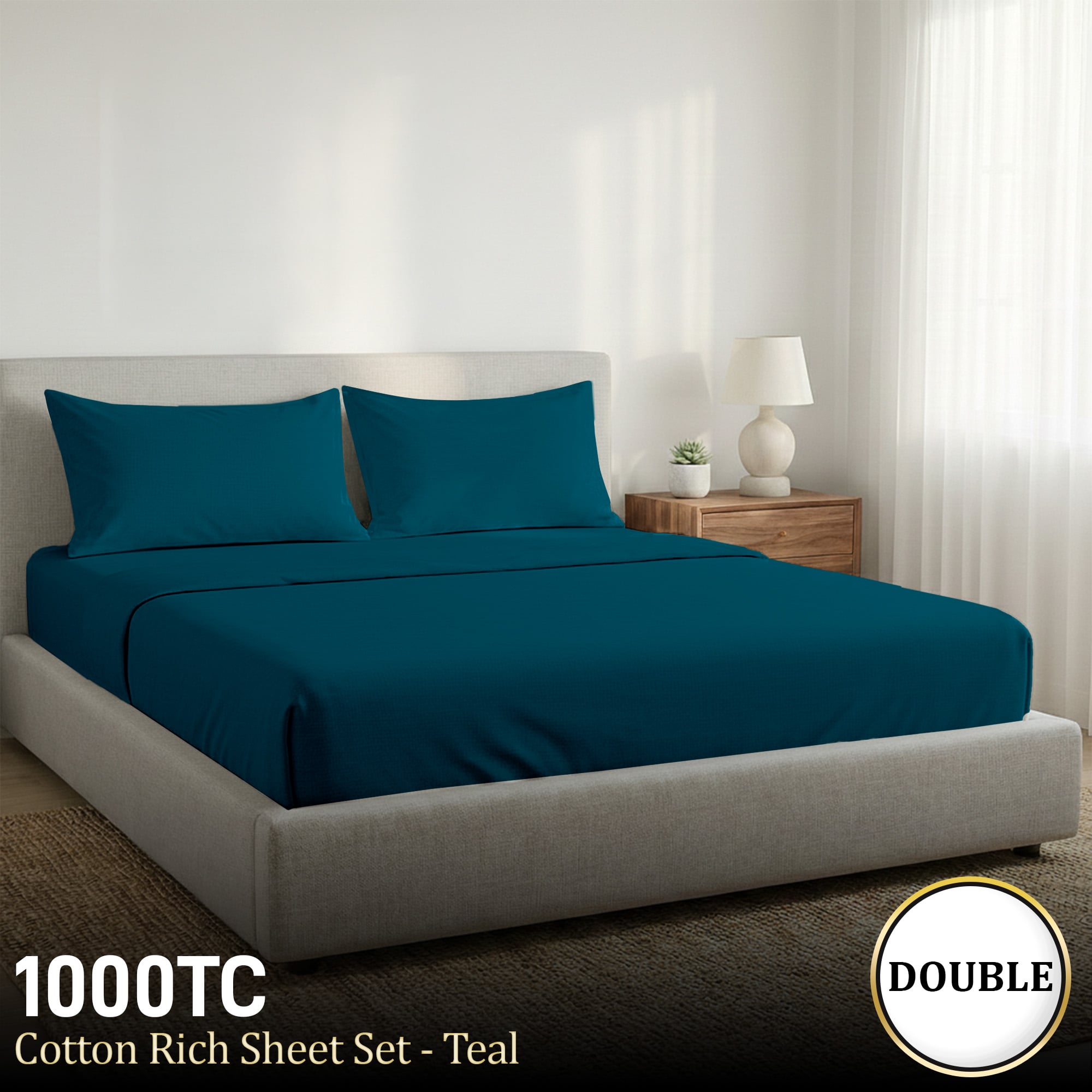 1000 Thread Count Cotton Rich Double Bed Sheet Set 4 Piece, Soft Feel Microfibre Blend, Solid Colour - Teal