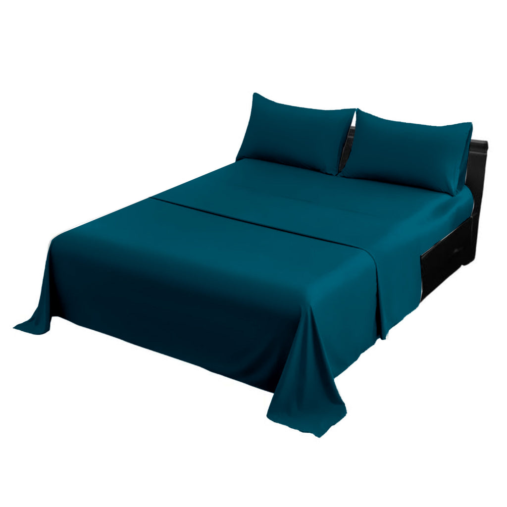 1000 Thread Count Cotton Rich Double Bed Sheet Set 4 Piece, Soft Feel Microfibre Blend, Solid Colour - Teal