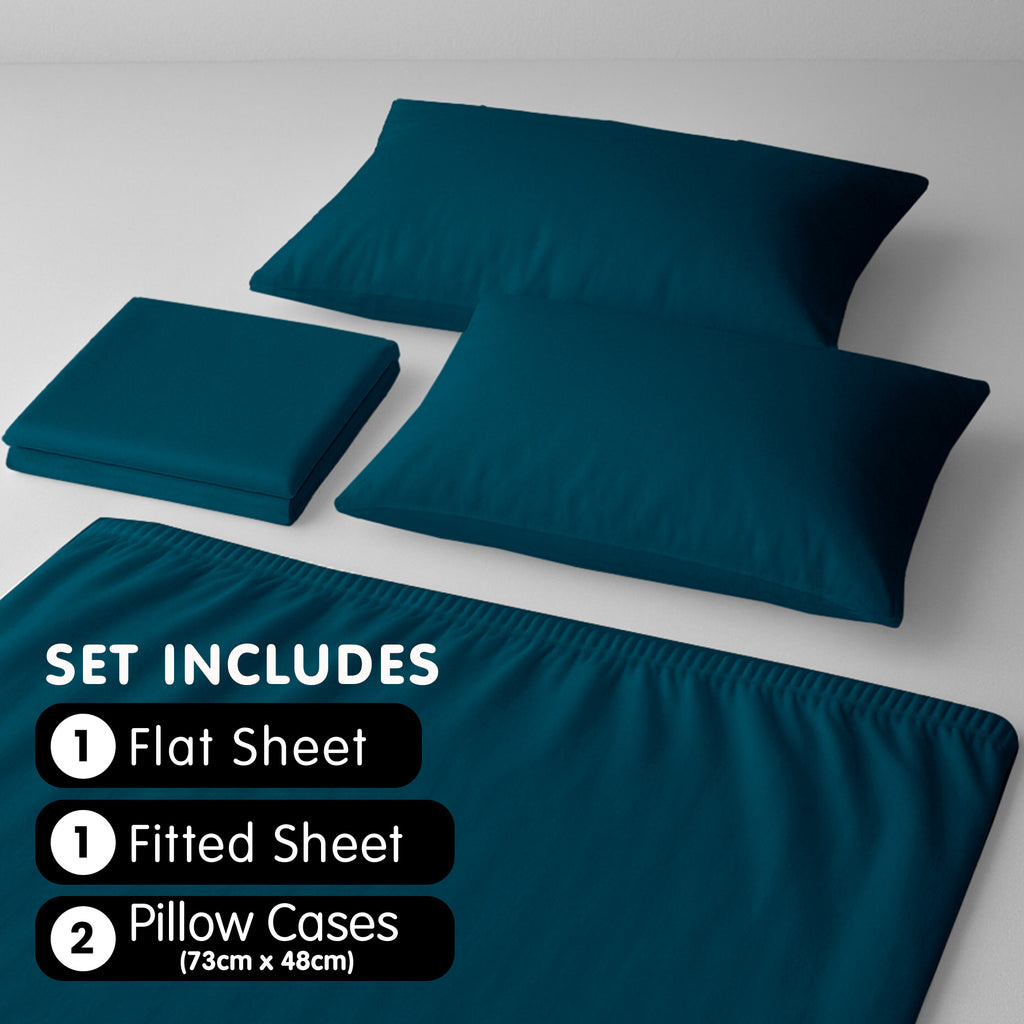 1000 Thread Count Cotton Rich Double Bed Sheet Set 4 Piece, Soft Feel Microfibre Blend, Solid Colour - Teal