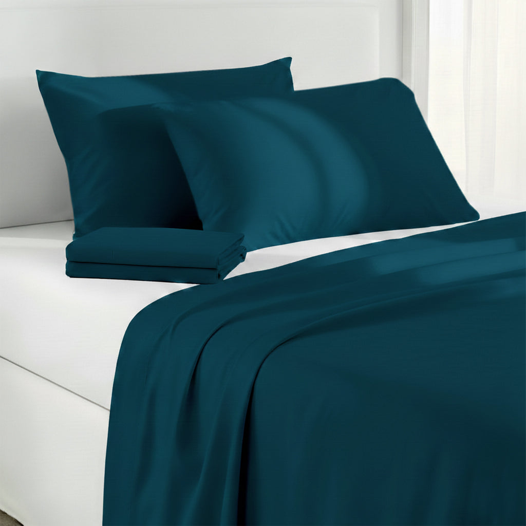 1000 Thread Count Cotton Rich Double Bed Sheet Set 4 Piece, Soft Feel Microfibre Blend, Solid Colour - Teal