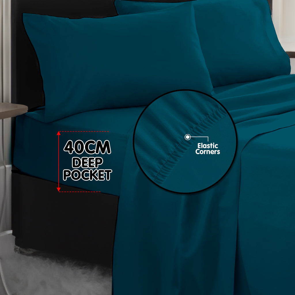 1000 Thread Count Cotton Rich Double Bed Sheet Set 4 Piece, Soft Feel Microfibre Blend, Solid Colour - Teal