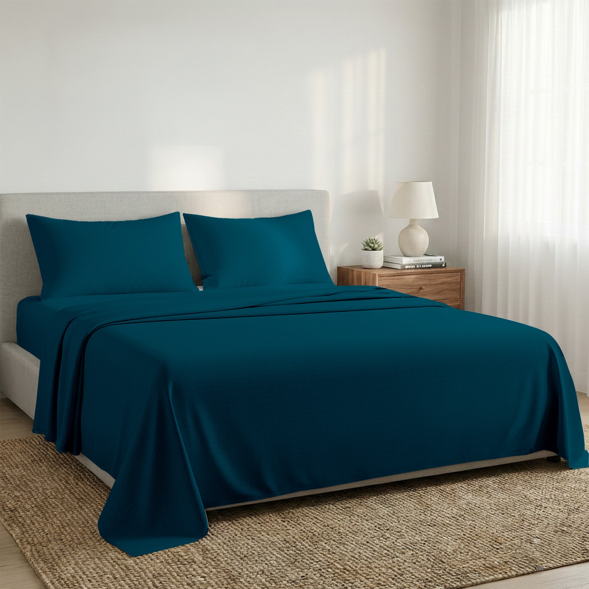 1000 Thread Count Cotton Rich Double Bed Sheet Set 4 Piece, Soft Feel Microfibre Blend, Solid Colour - Teal