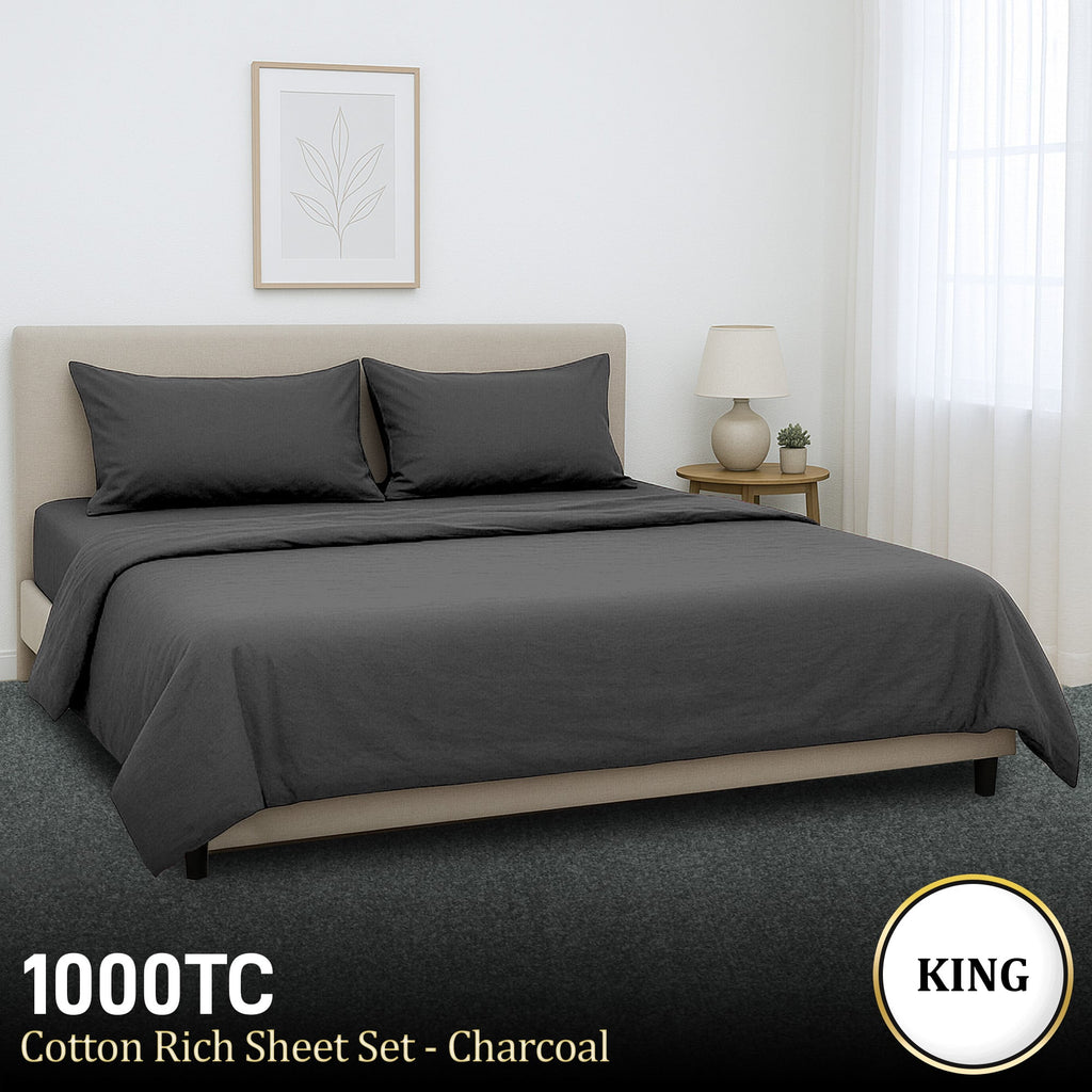 4pc 1000 Thread Count Cotton Rich King Bed Sheet Gift Pack CVC Microfibre Blend in Charcoal