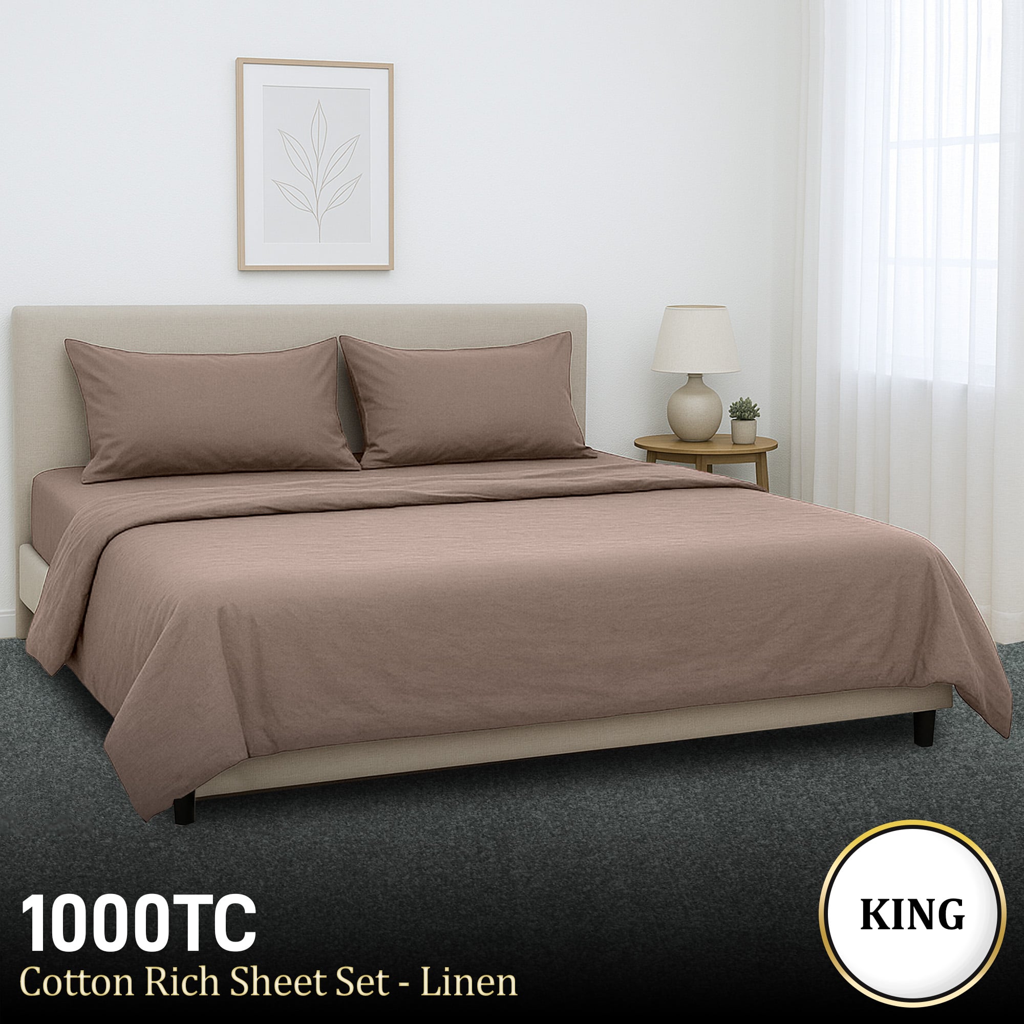 4pc 1000 Thread Count Cotton Rich King Bed Sheet Gift Pack CVC Microfibre Blend in Linen