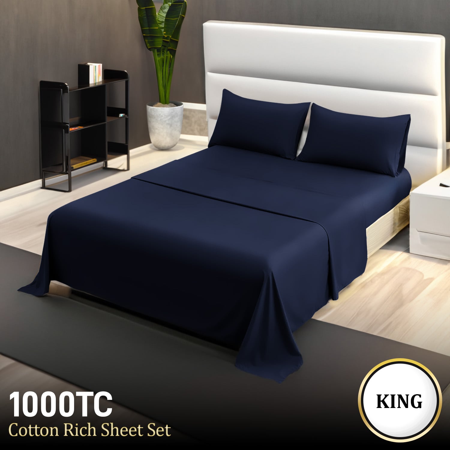 4pc 1000 Thread Count Cotton Rich King Bed Sheet Gift Pack CVC Microfibre Blend in Navy