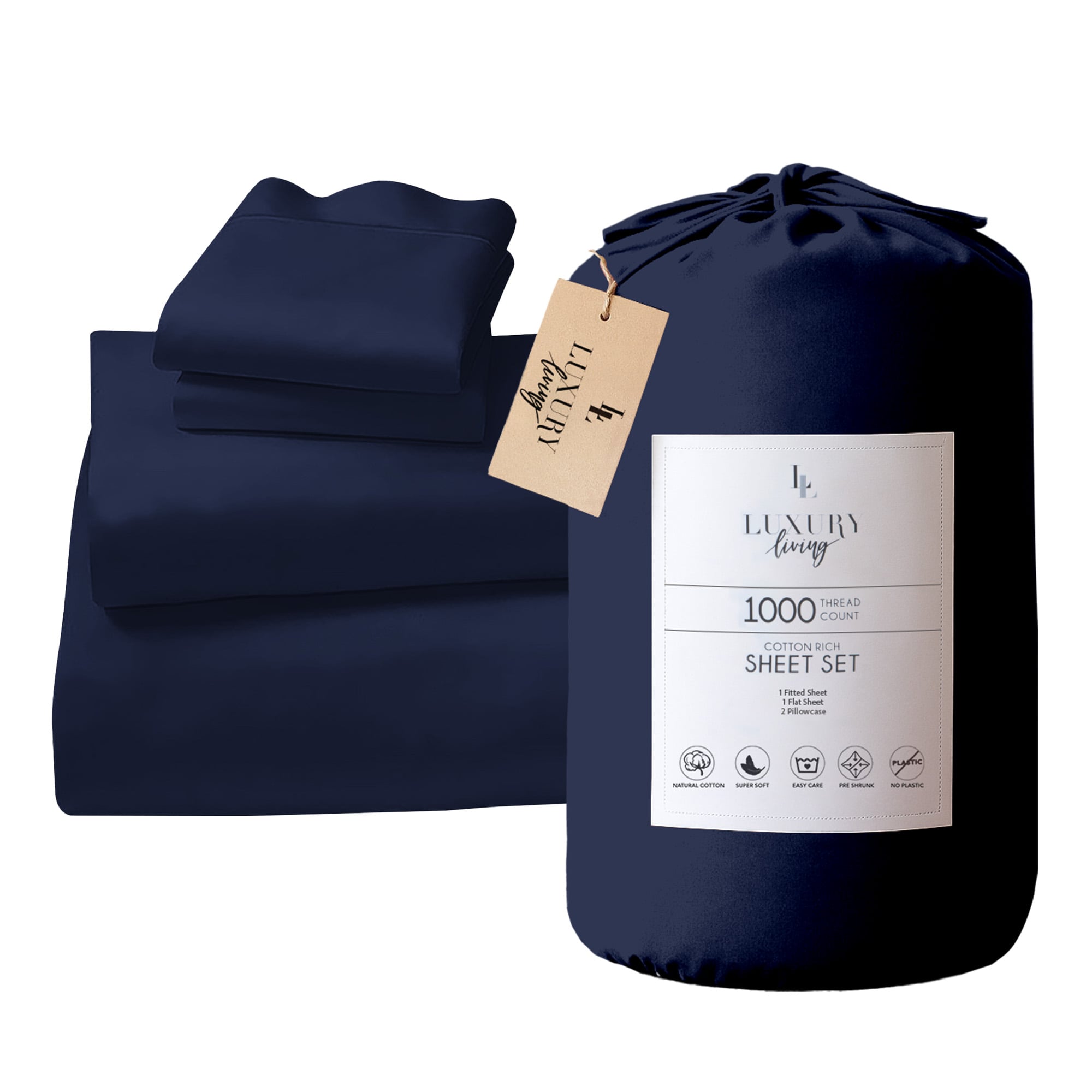 4pc 1000 Thread Count Cotton Rich King Bed Sheet Gift Pack CVC Microfibre Blend in Navy