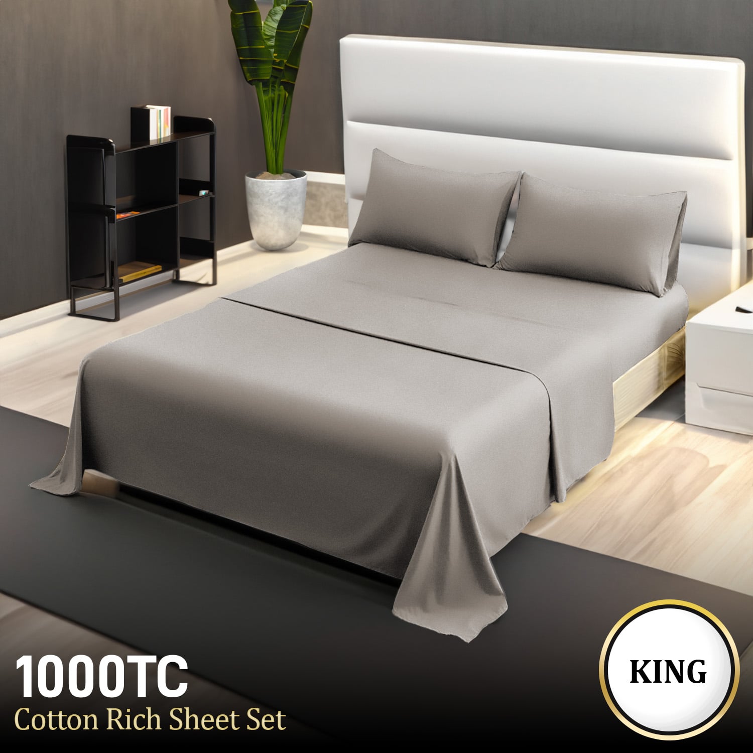4pc 1000 Thread Count Cotton Rich King Bed Sheet Gift Pack CVC Microfibre Blend in Silver