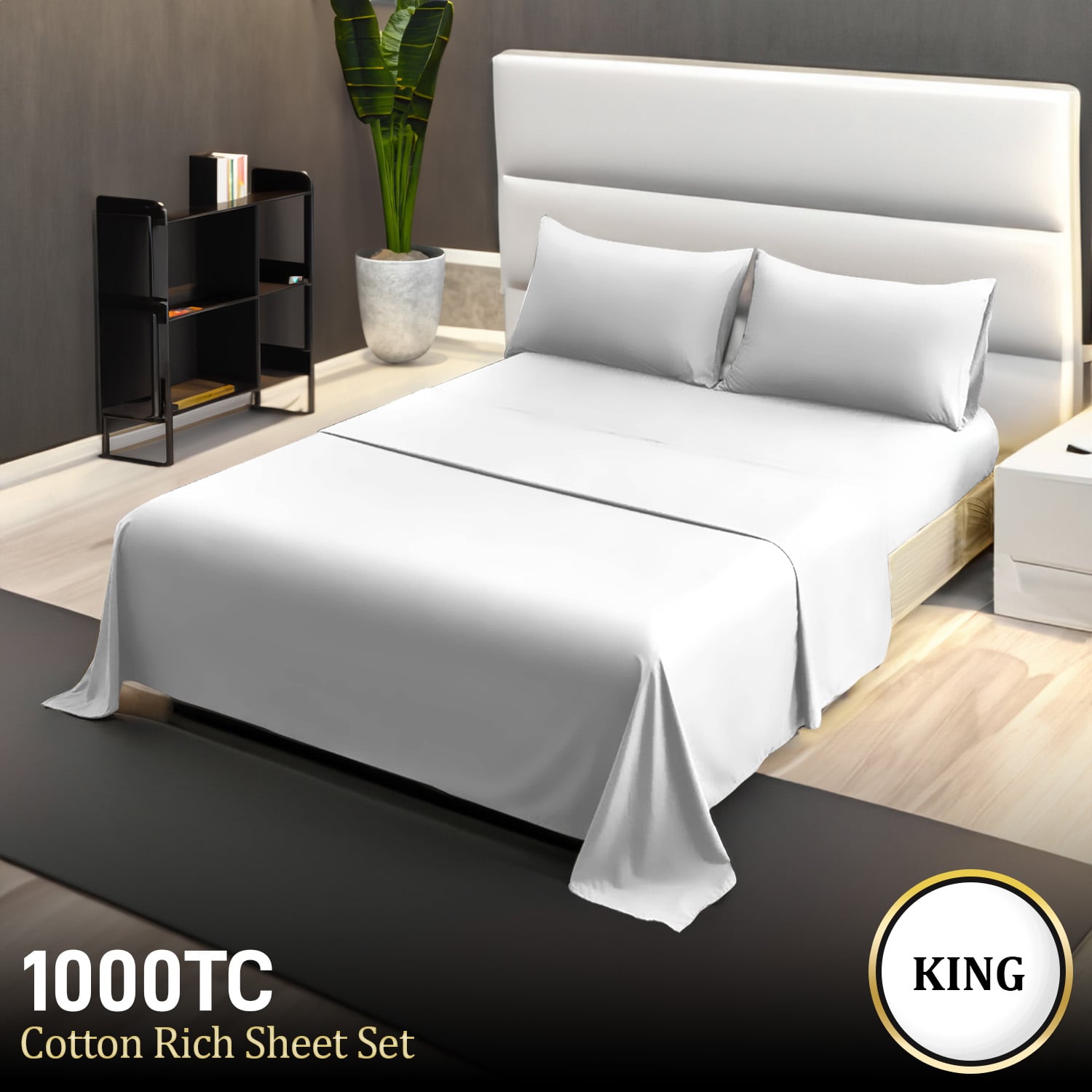 4pc 1000 Thread Count Cotton Rich King Bed Sheet Gift Pack CVC Microfibre Blend in White