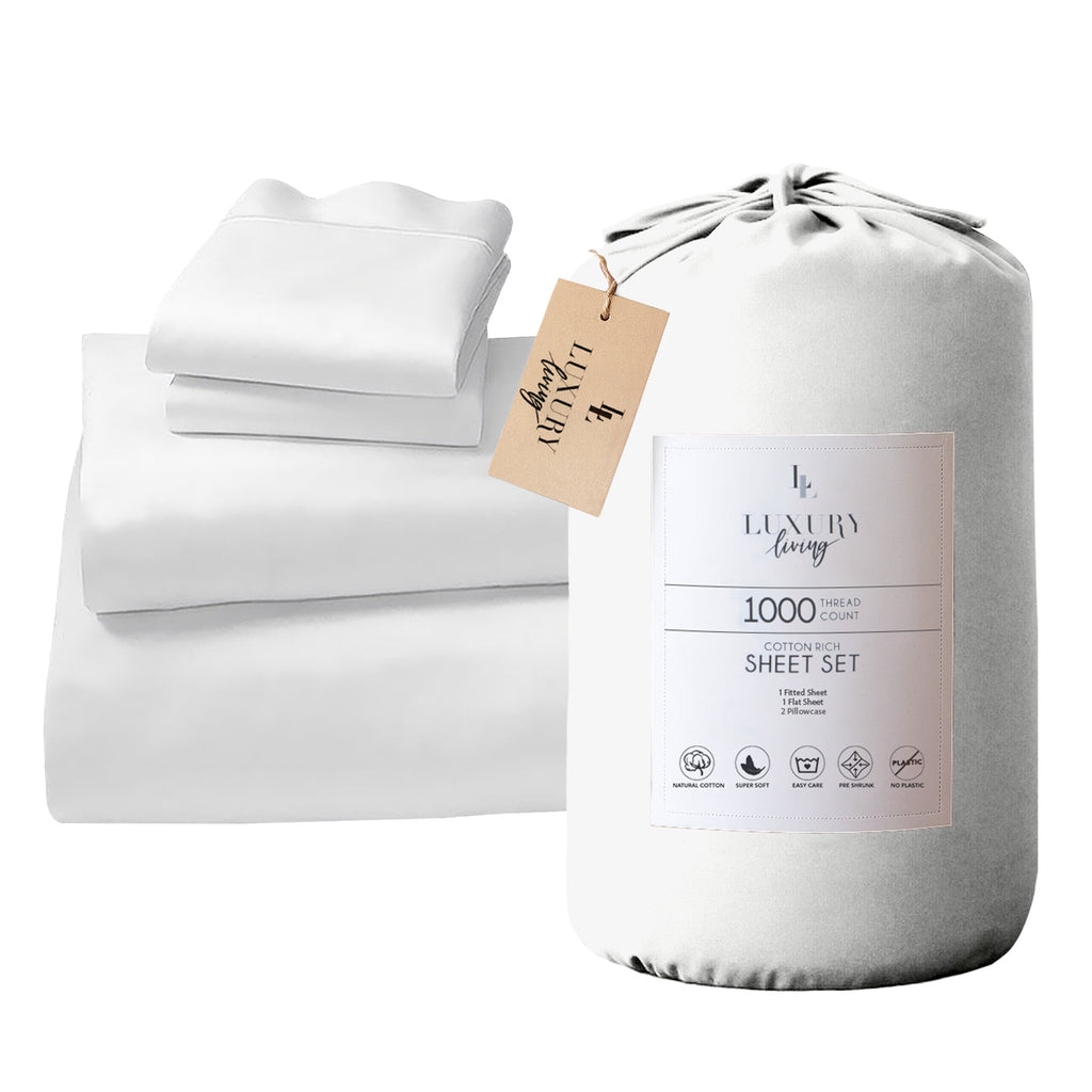 4pc 1000 Thread Count Cotton Rich King Bed Sheet Gift Pack CVC Microfibre Blend in White