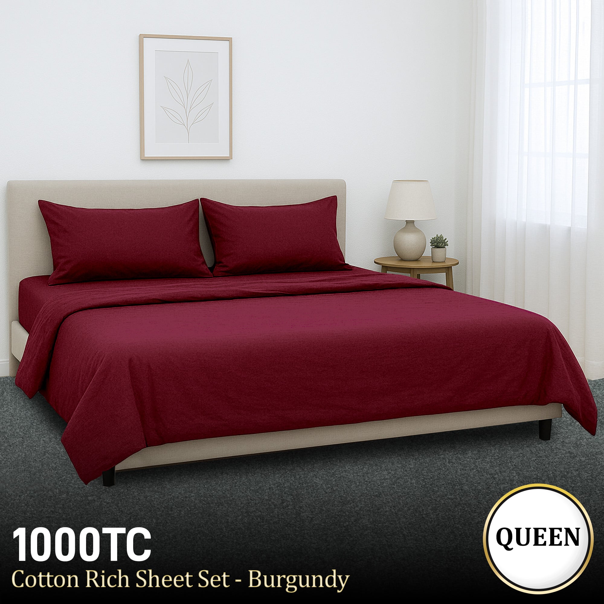 Laura Hill Luxury Living 4pc 1000 Thread Count Cotton Rich Queen Bed Sheet Set Gift Pack Burgundy