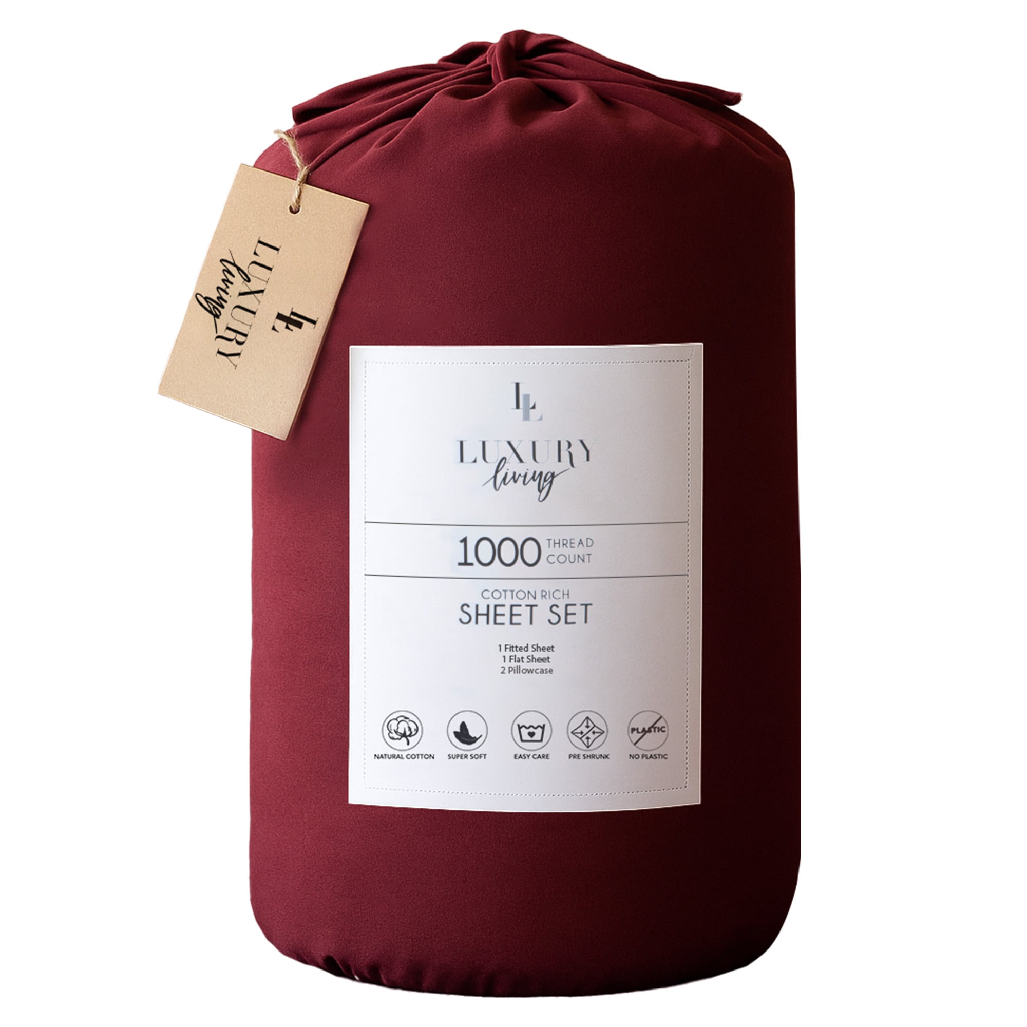 Laura Hill Luxury Living 4pc 1000 Thread Count Cotton Rich Queen Bed Sheet Set Gift Pack Burgundy