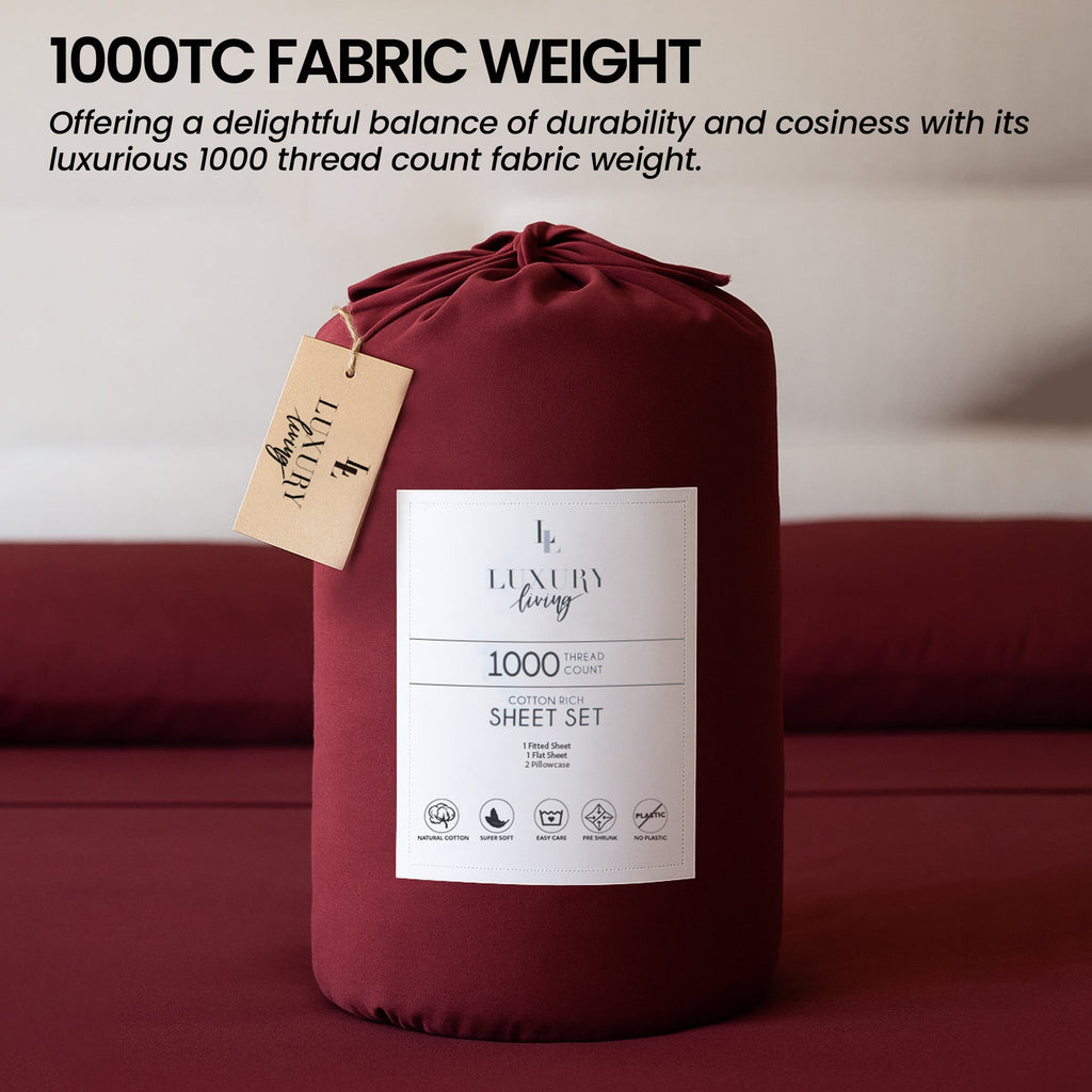 Laura Hill Luxury Living 4pc 1000 Thread Count Cotton Rich Queen Bed Sheet Set Gift Pack Burgundy