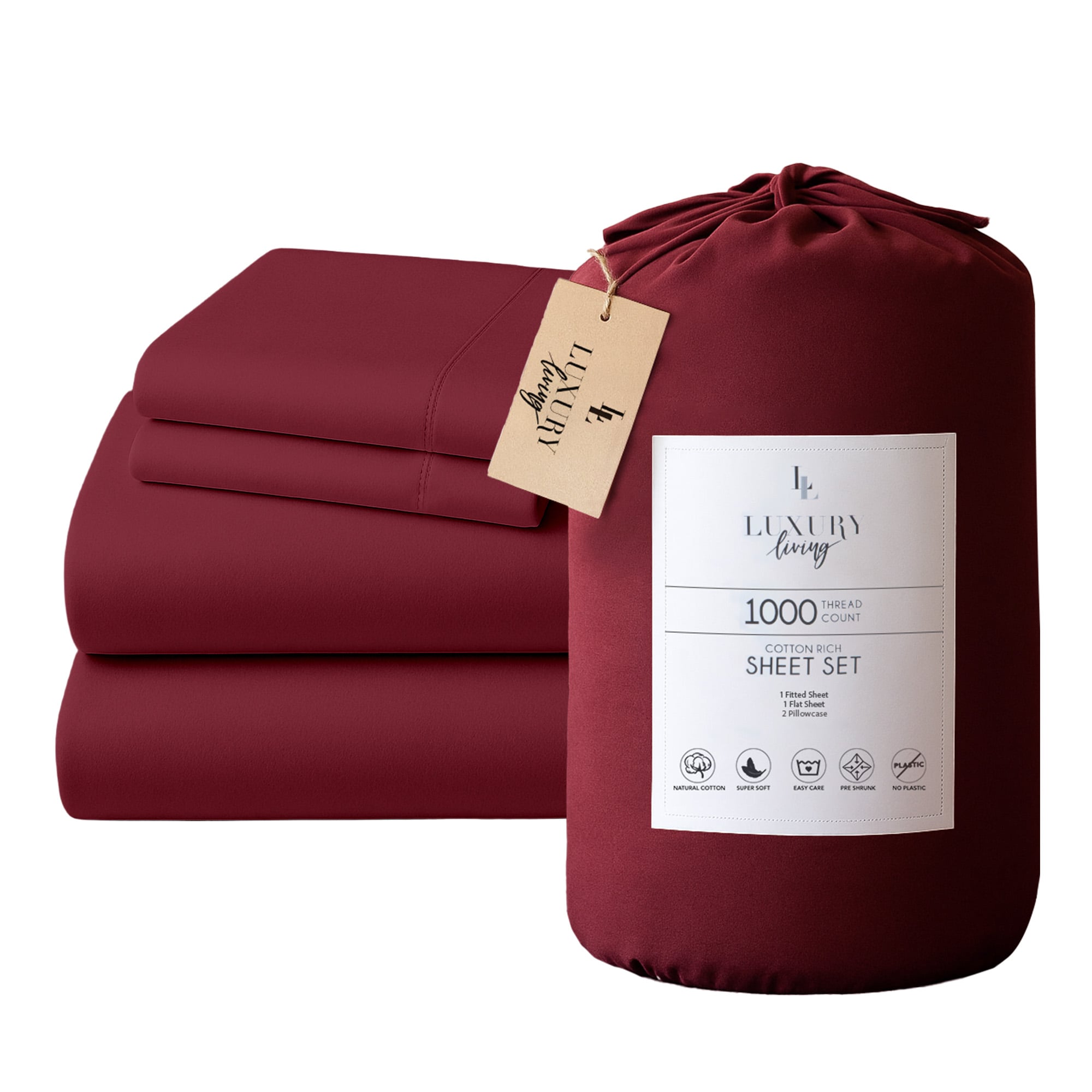 Laura Hill Luxury Living 4pc 1000 Thread Count Cotton Rich Queen Bed Sheet Set Gift Pack Burgundy