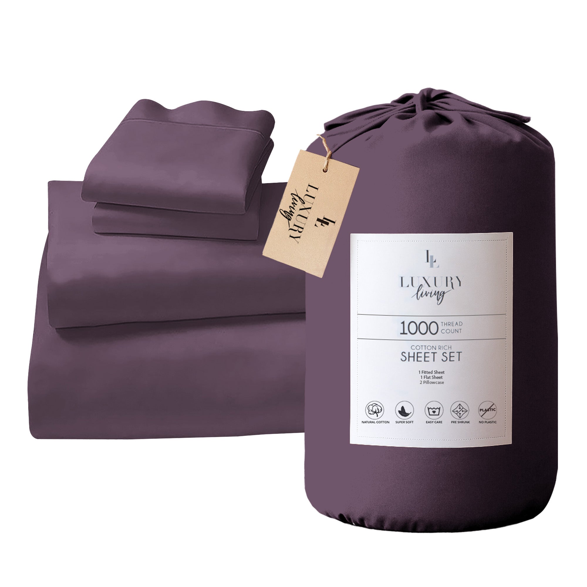 Laura Hill Luxury Living 4pc 1000 Thread Count Cotton Rich Queen Bed Sheet Set Gift Pack Lilac