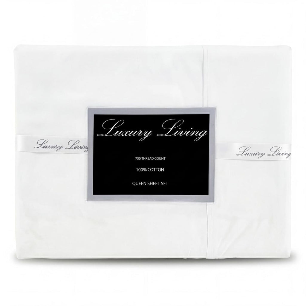 750 Thread Count Pure Cotton Queen Bed Sheet Set 4 Piece Gift Pack - White