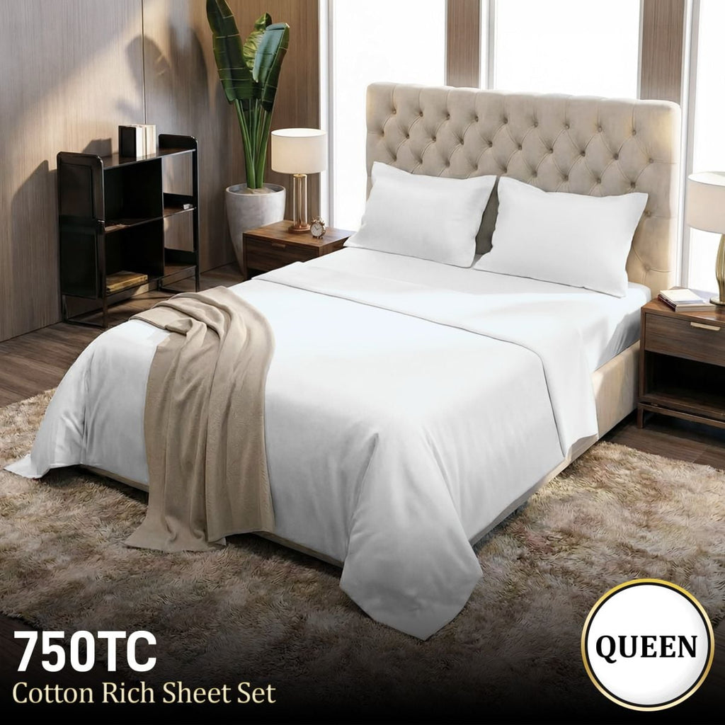750 Thread Count Pure Cotton Queen Bed Sheet Set 4 Piece Gift Pack - White