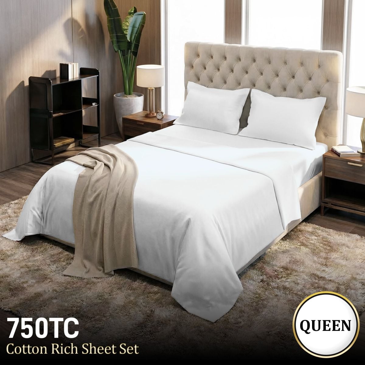 750 Thread Count Pure Cotton Queen Bed Sheet Set 4 Piece Gift Pack - White