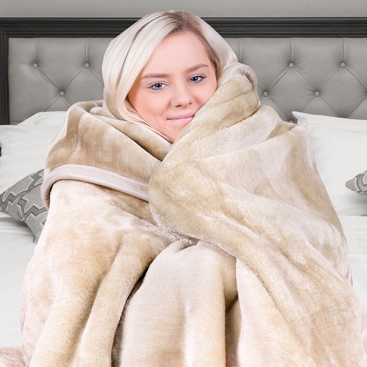 Laura Hill 600-GSM Mink Blanket Queen Size Double-Sided Soft Plush Bed Faux Throw Rug 220 X 240cm - Beige