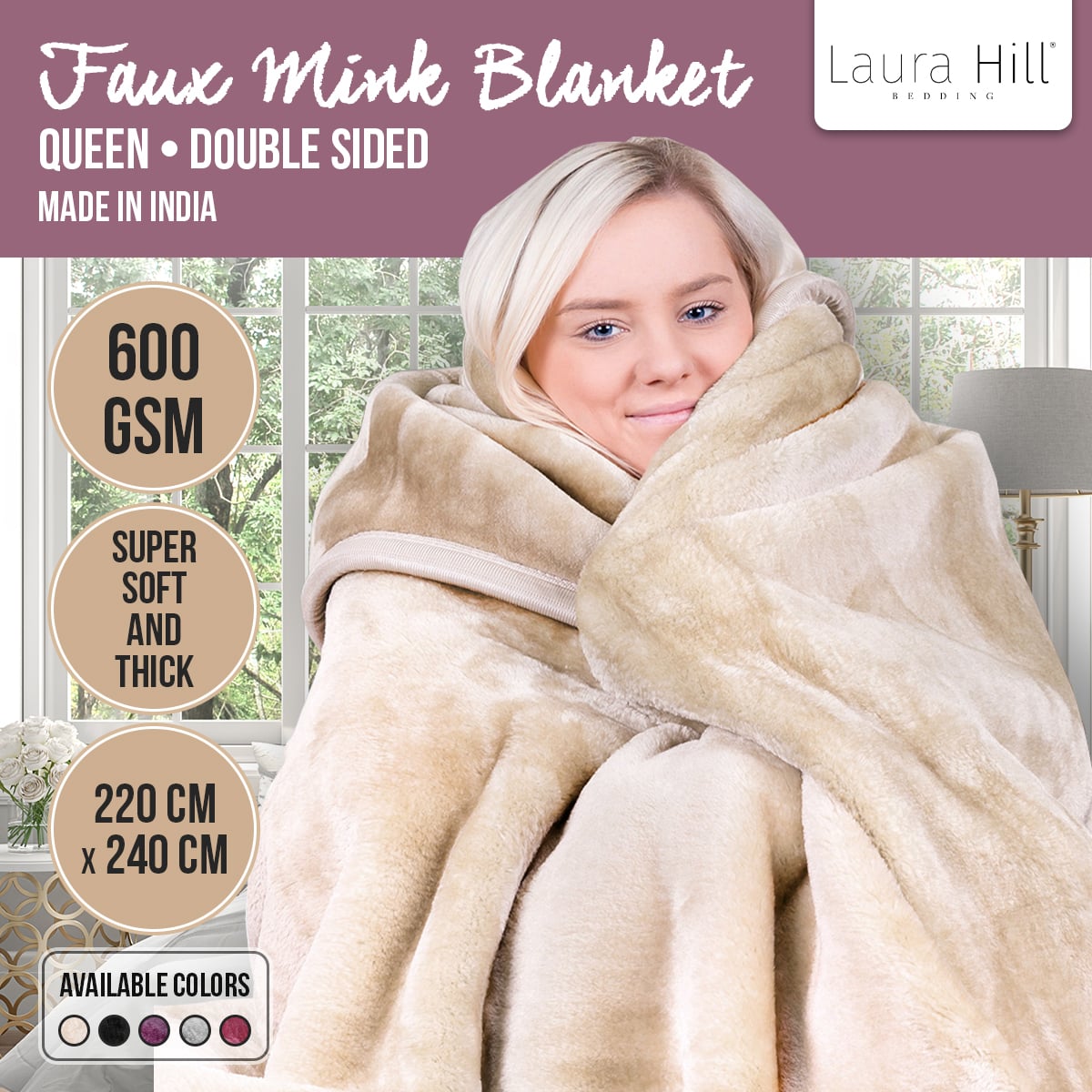Laura Hill 600-GSM Mink Blanket Queen Size Double-Sided Soft Plush Bed Faux Throw Rug 220 X 240cm - Beige