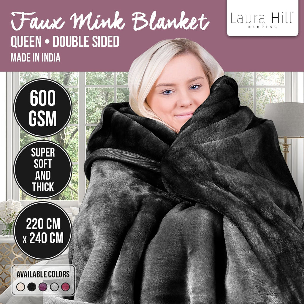 Laura Hill 600-GSM Mink Blanket Queen Size Double-Sided Soft Plush Bed Faux Throw Rug 220 X 240cm - Black