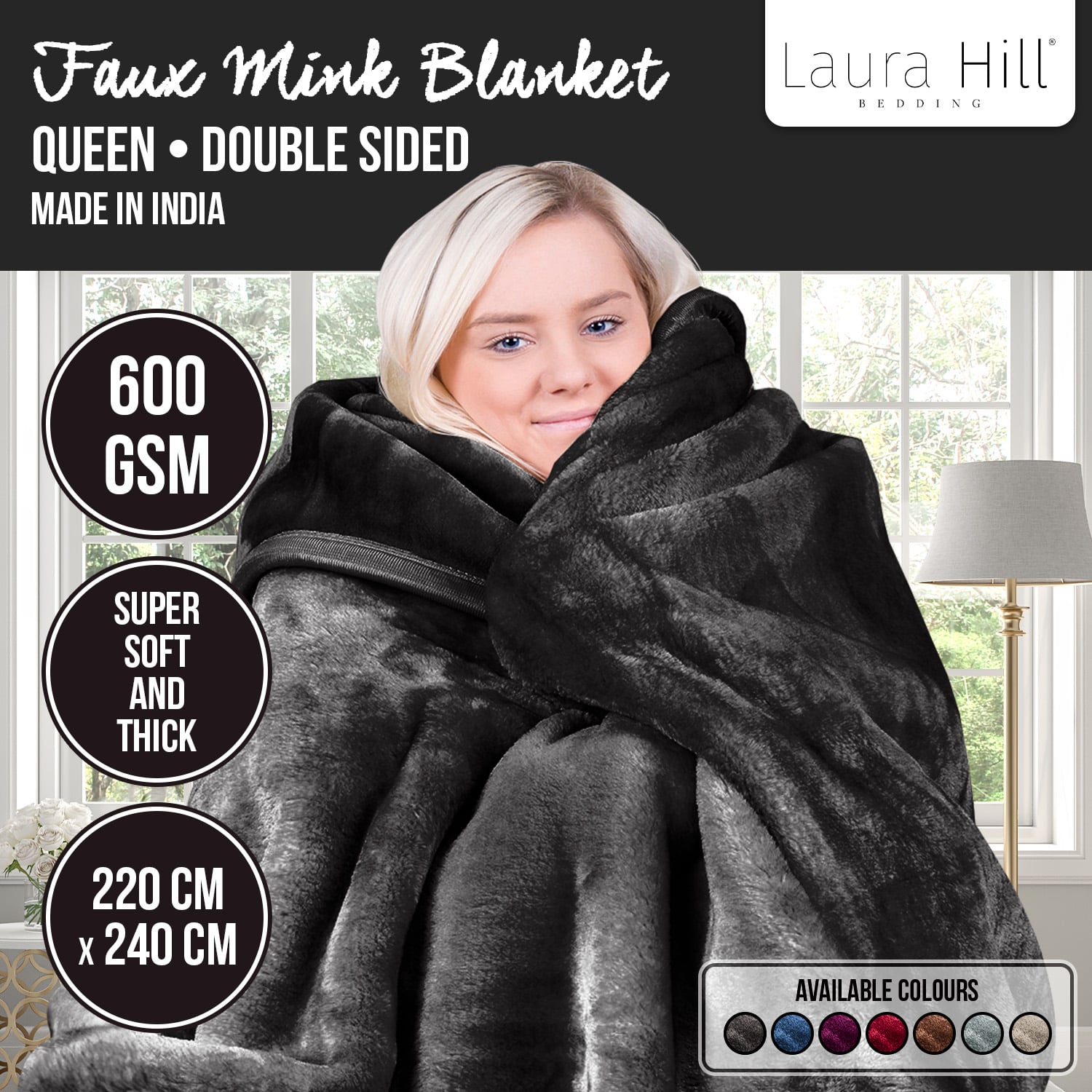 Laura Hill 600-GSM Mink Blanket Queen Size Double-Sided Soft Plush Bed Faux Throw Rug 220 X 240cm - Black