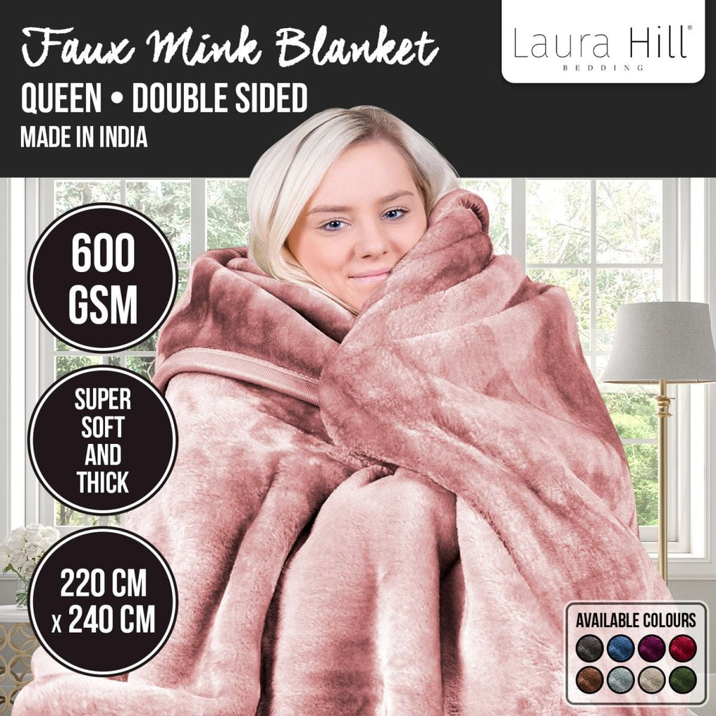Laura Hill 600-GSM Mink Blanket Queen Size Double-Sided Soft Plush Bed Faux Throw Rug 220 X 240cm - Pink