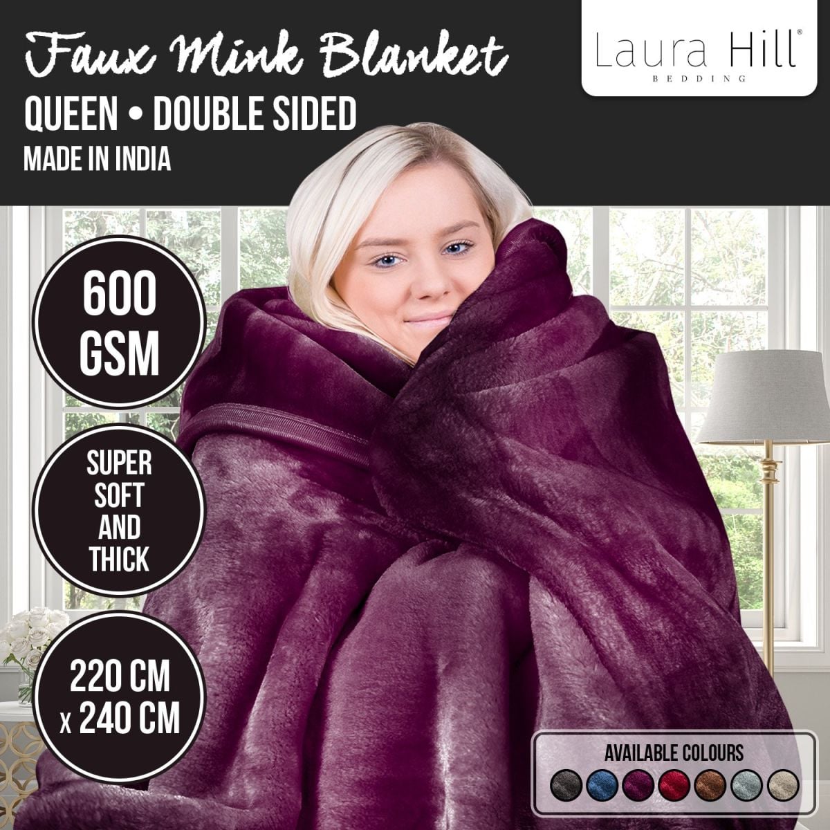 Laura Hill 600-GSM Mink Blanket Queen Size Double-Sided Soft Plush Bed Faux Throw Rug 220 X 240cm - Purple