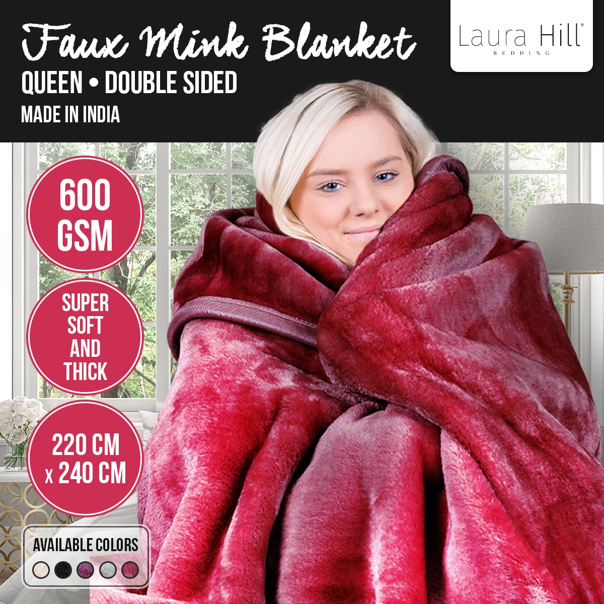 Laura Hill 600-GSM Mink Blanket Queen Size Double-Sided Soft Plush Bed Faux Throw Rug 220 X 240cm - Wine Red