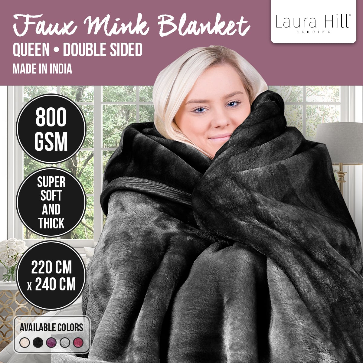 Laura Hill 800GSM Heavy Double-Sided Faux Mink Blanket - Black