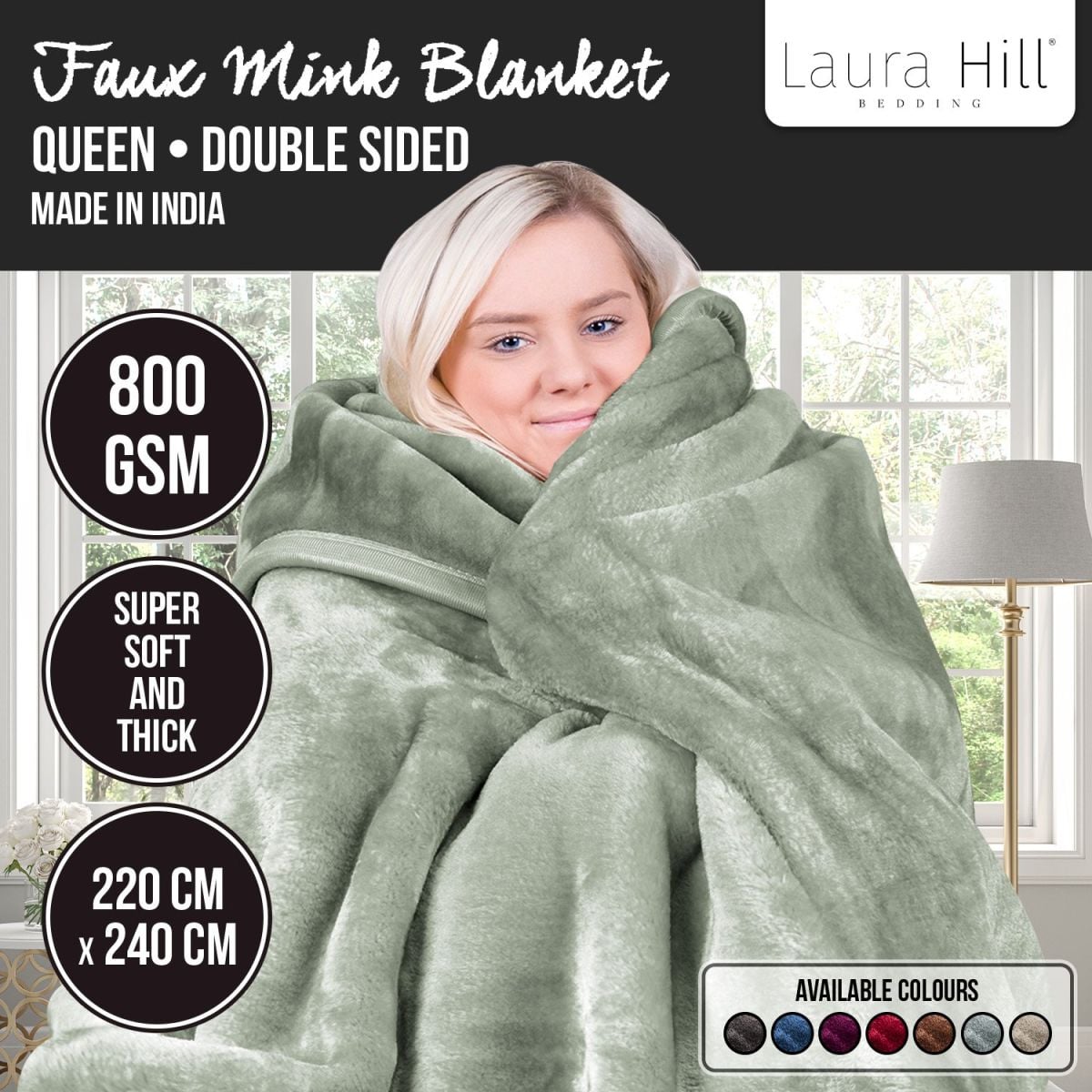 Laura Hill 800-GSM Mink Blanket Queen Size Double-Sided Soft Plush Bed Faux Throw Rug 220 X 240cm Heavy - Sage