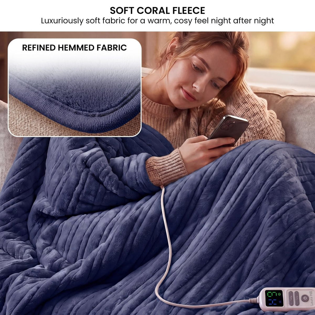 Laura Hill XL Electric Heated Blanket Throw Soft Coral Fleece with 10 Heat Settings - Blue