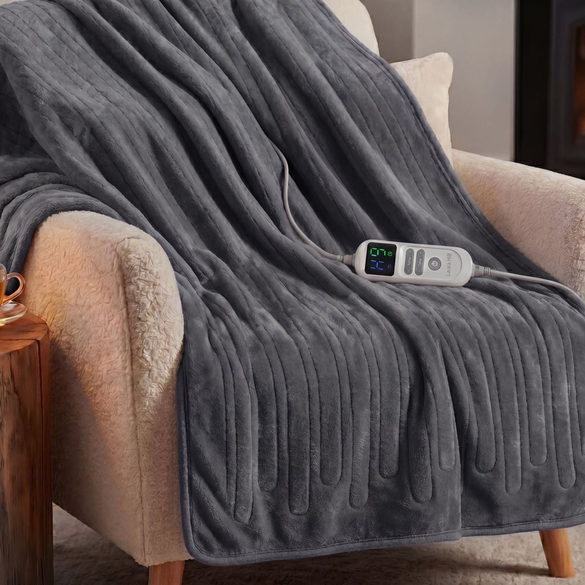 Laura Hill XL Electric Heated Blanket Throw Soft Coral Fleece with 10 Heat Settings - Grey