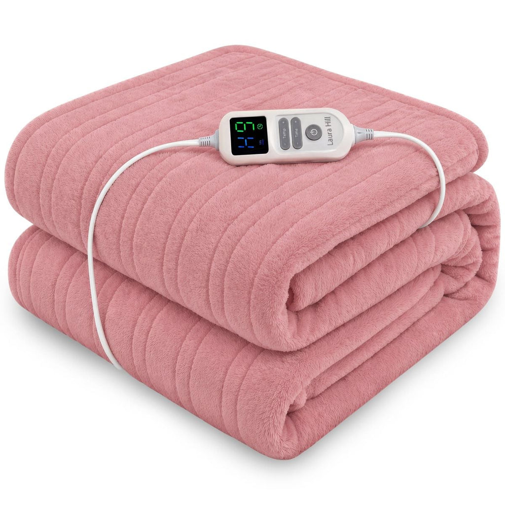 Laura Hill XL Electric Heated Blanket Throw Soft Coral Fleece with 10 Heat Settings - Pink