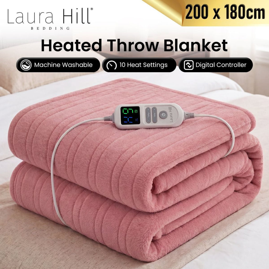 Laura Hill XL Electric Heated Blanket Throw Soft Coral Fleece with 10 Heat Settings - Pink