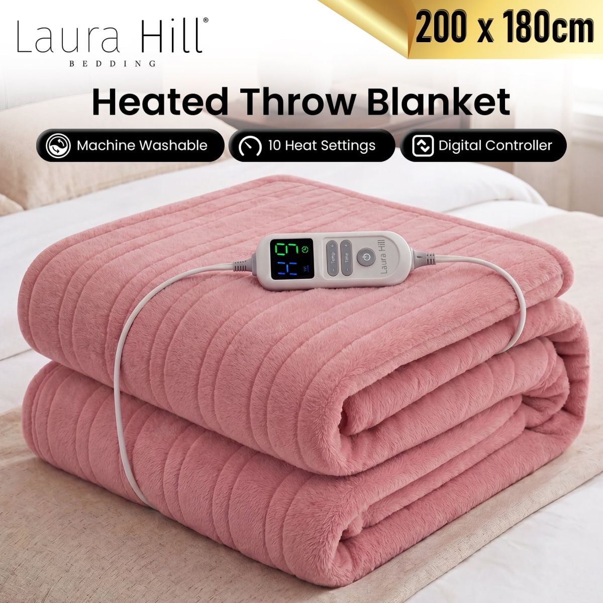 Laura Hill XL Electric Heated Blanket Throw Soft Coral Fleece with 10 Heat Settings - Pink