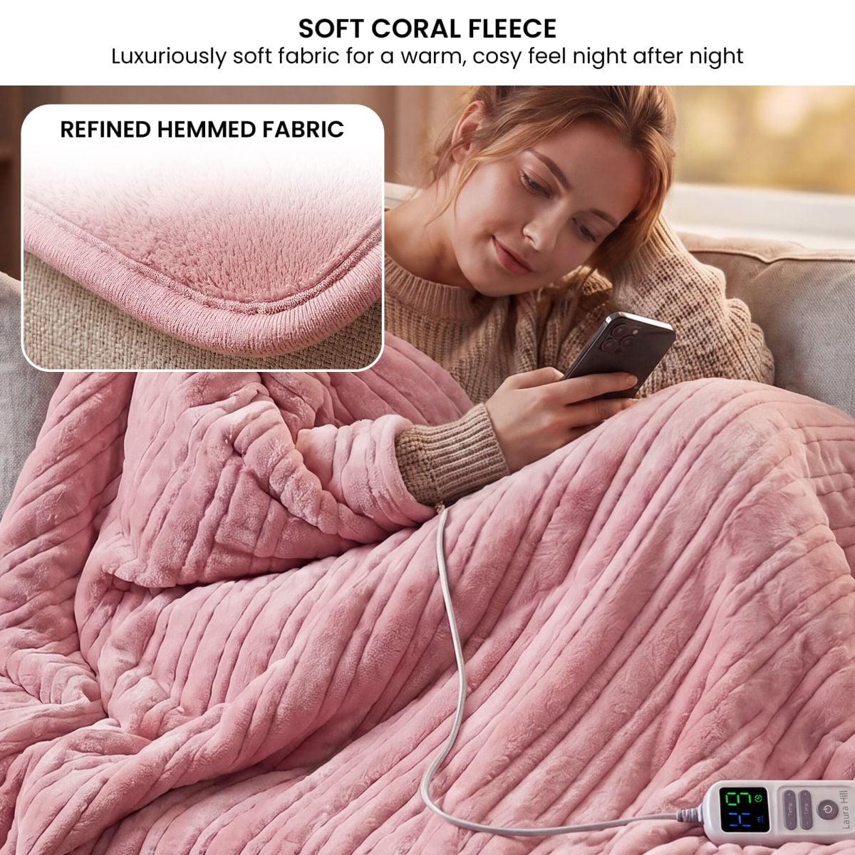 Laura Hill XL Electric Heated Blanket Throw Soft Coral Fleece with 10 Heat Settings - Pink